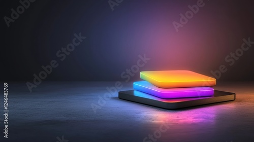 A stack of three glowing squares in yellow, blue, and purple. photo