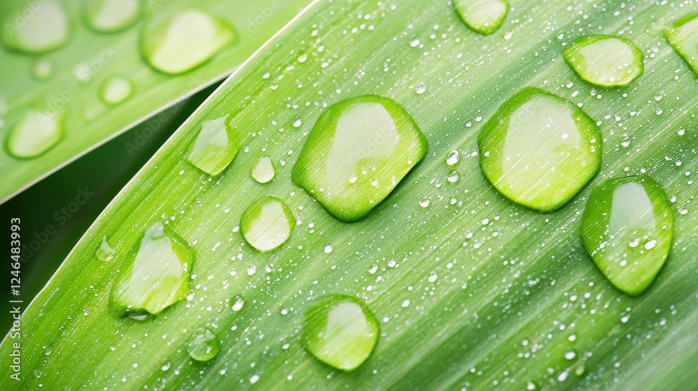 Fototapeta premium A close-up of dew drops glistening on vibrant green monstera leaves.
