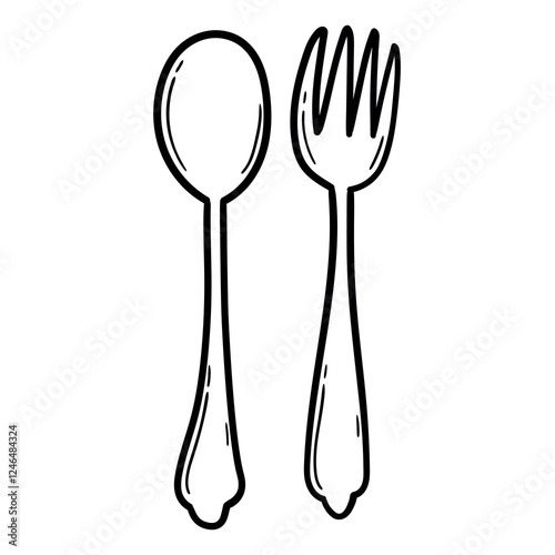 Hand drawn doodle spoon and fork on white background.