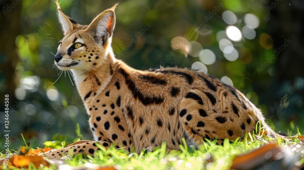 Serene serval in a sunlit garden, surrounded by vibrant foliage and soft bokeh background Serene serval in a sunlit garden, surrounded by vibrant foliage and soft bokeh background
