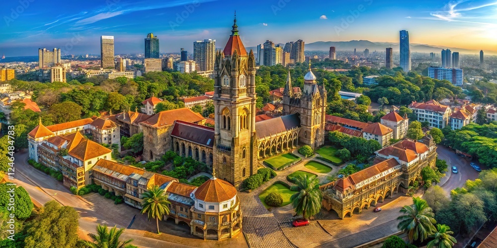 Obraz premium Aerial view of University of Mumbai campus buildings, India's oldest institution.