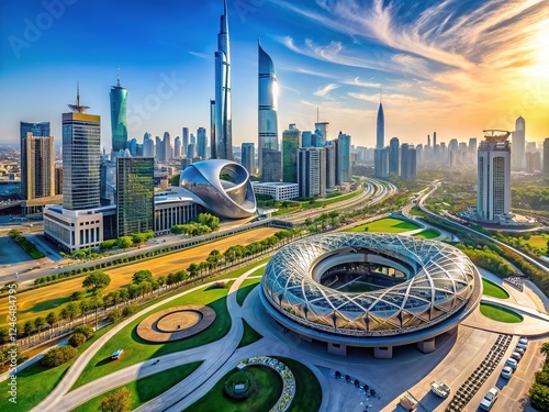 Aerial panorama of Dubai's Museum of the Future, stunning UAE design. photo