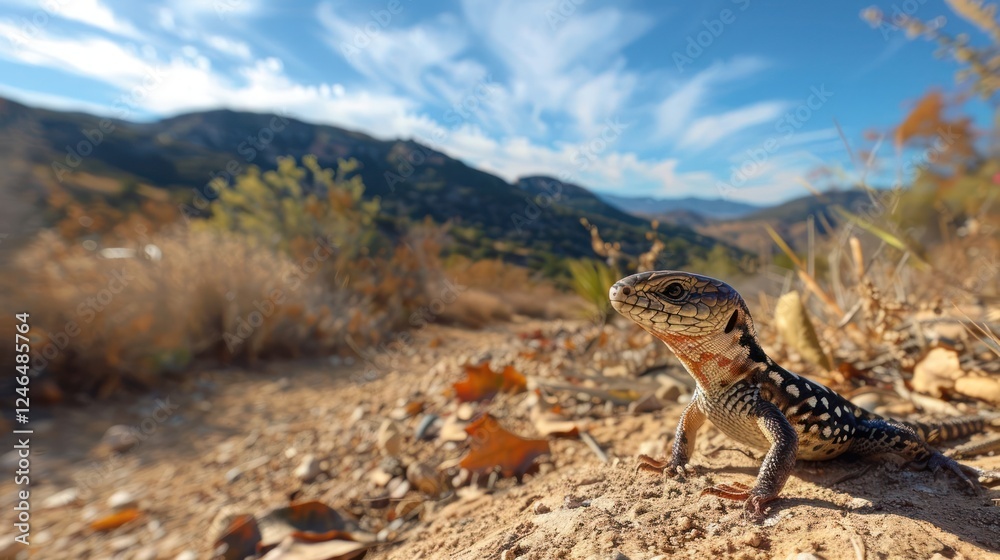Colorful lizard basking on a rocky path with scenic mountains and blue sky in background Colorful lizard basking on a rocky path with scenic mountains and blue sky in background