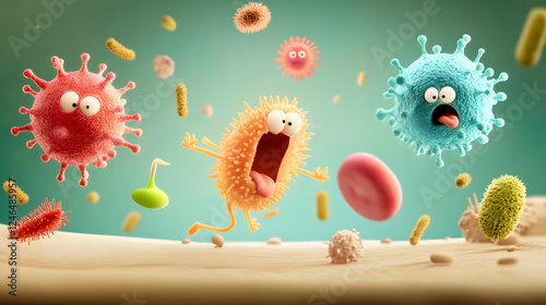 A colorful 3D rendered illustration of a virus on a white background, like a floral pattern in nature photo