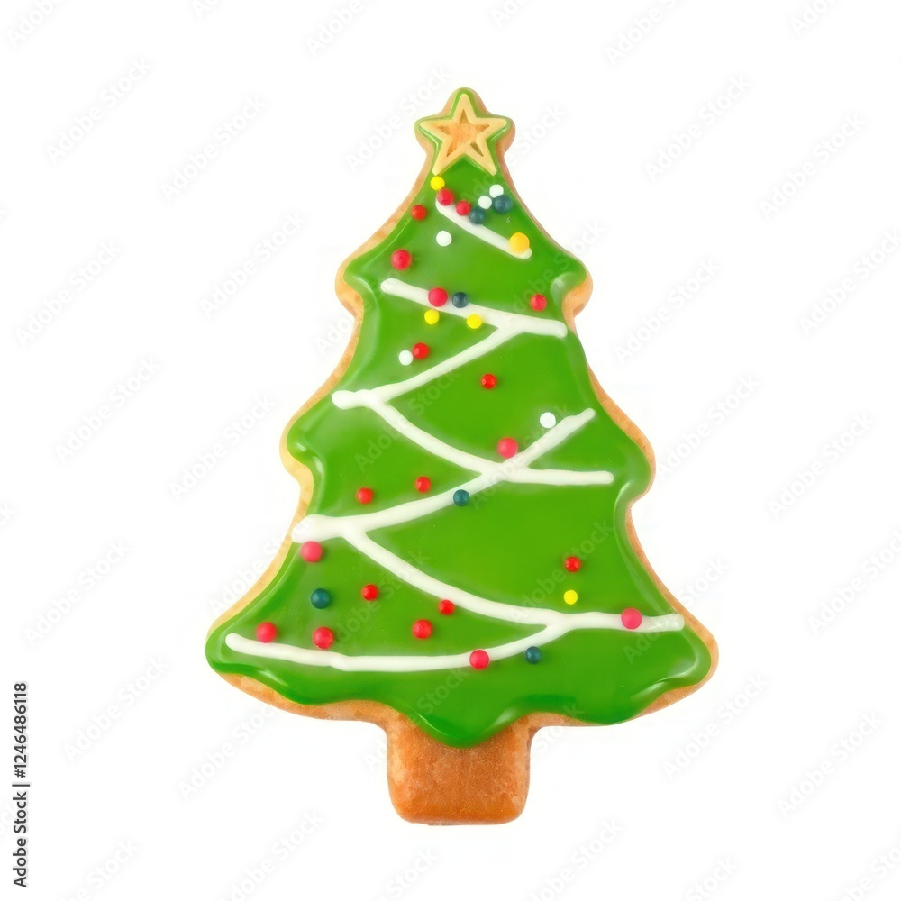 Christmas tree-shaped cookie decorated with green icing and colorful sprinkles, perfect for holiday celebrations. Isolated on white background. Christmas tree-shaped cookie decorated with green icing and colorful sprinkles, perfect for holiday celebrations. Isolated on white background.