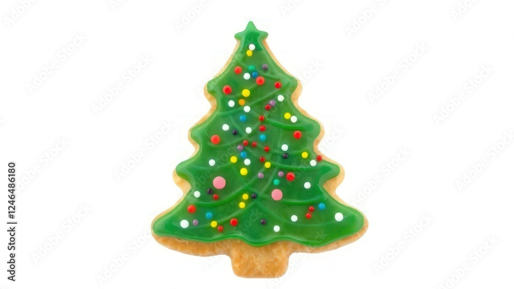 Christmas tree-shaped cookie decorated with green icing and colorful sprinkles, perfect for holiday celebrations. Isolated on white background. Christmas tree-shaped cookie decorated with green icing and colorful sprinkles, perfect for holiday celebrations. Isolated on white background.