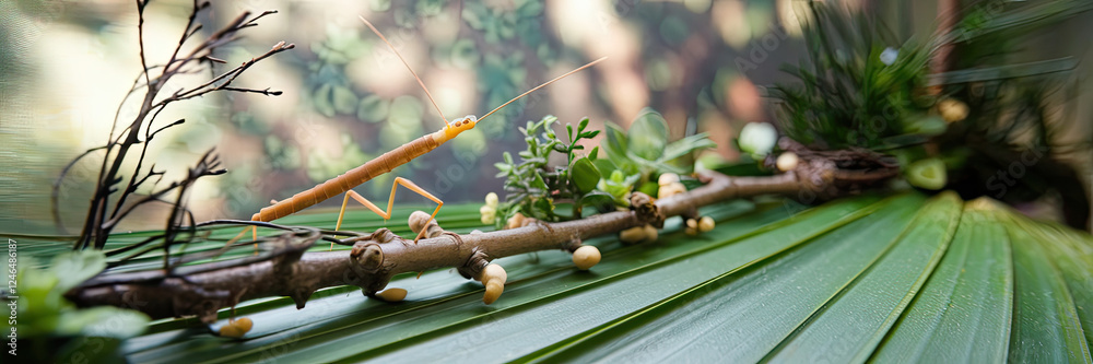 Close up of a Stick Insect on a Branch with Succulents and Palm Leaf Close up of a Stick Insect on a Branch with Succulents and Palm Leaf