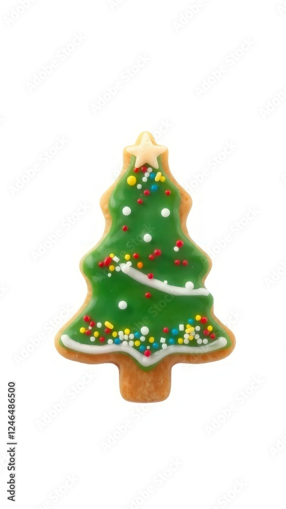 Christmas tree-shaped cookie decorated with green icing and colorful sprinkles, perfect for holiday celebrations. Isolated on white background. Christmas tree-shaped cookie decorated with green icing and colorful sprinkles, perfect for holiday celebrations. Isolated on white background.
