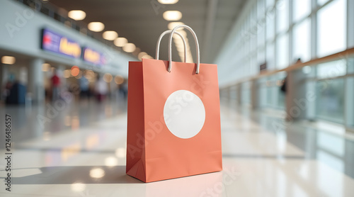 A vibrant shopping bag stands prominently in a spacious airport terminal, hinting at travel and retail excitement