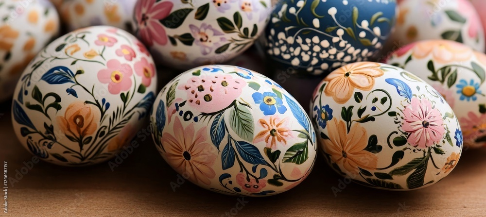 Close Up of Easter Eggs with Beautiful and Detailed Floral Patterns, Resting on a Brown Surface Close Up of Easter Eggs with Beautiful and Detailed Floral Patterns, Resting on a Brown Surface