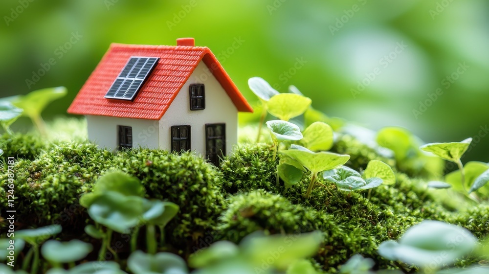 Tiny house with solar panel nestled in lush green moss environment
