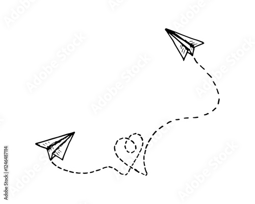 Doodle cartoon paper planes with heart-shaped flight path dotted line.