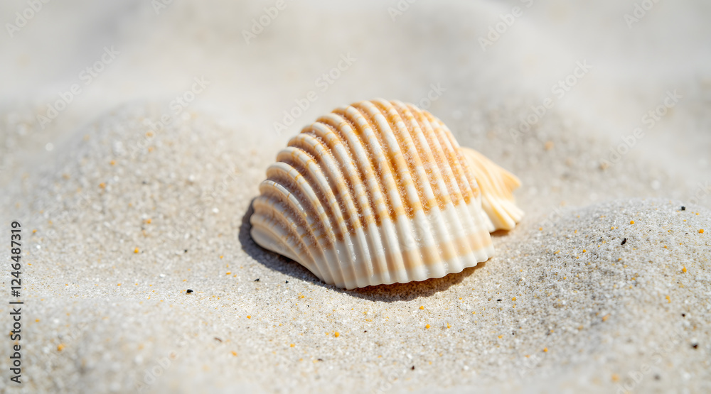 A close-up of a beautiful seashell resting on fine sandy beach, showcasing intricate patterns and natural colors surrounded by soft sand dunes A close-up of a beautiful seashell resting on fine sandy beach, showcasing intricate patterns and natural colors surrounded by soft sand dunes