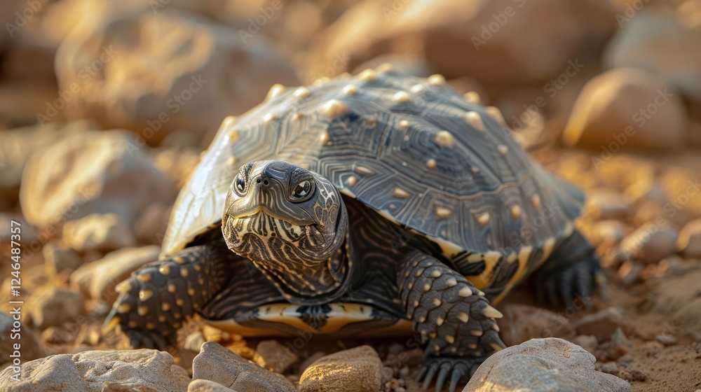 Close-up of a tortoise on rocky terrain, basking in sunlight with blurred natural background Close-up of a tortoise on rocky terrain, basking in sunlight with blurred natural background
