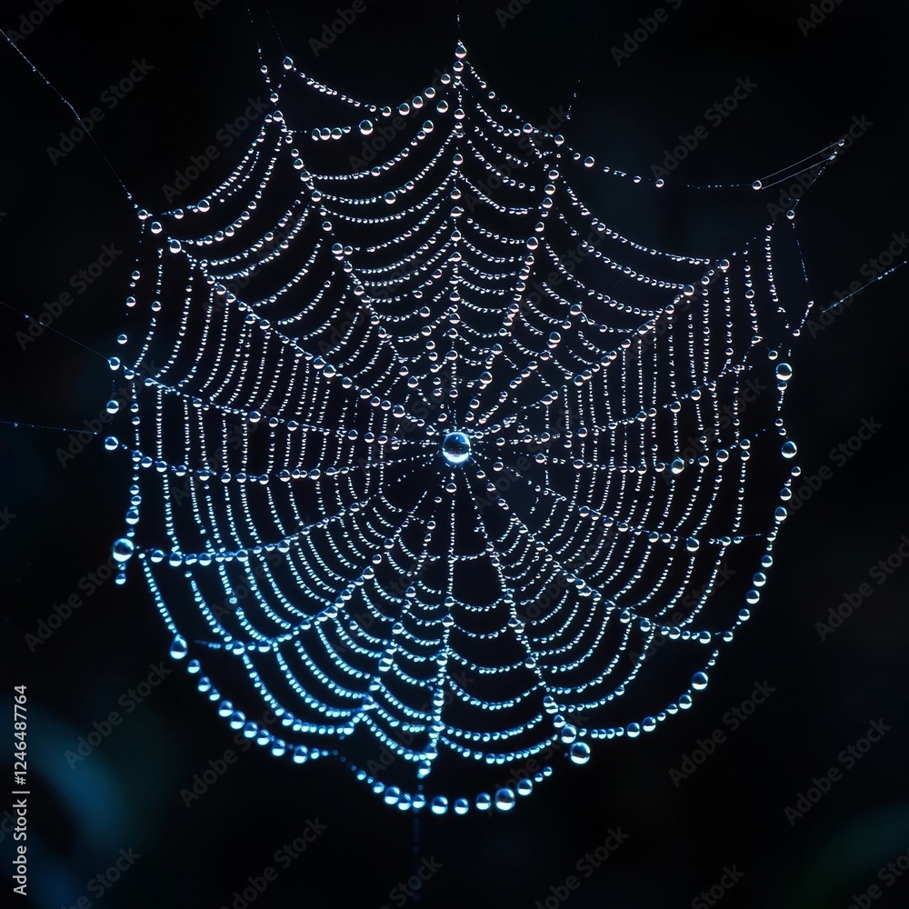 Naklejka premium Glowing Spider Web Intricately Woven in Darkness with Dew Droplets Reflecting Faint Light