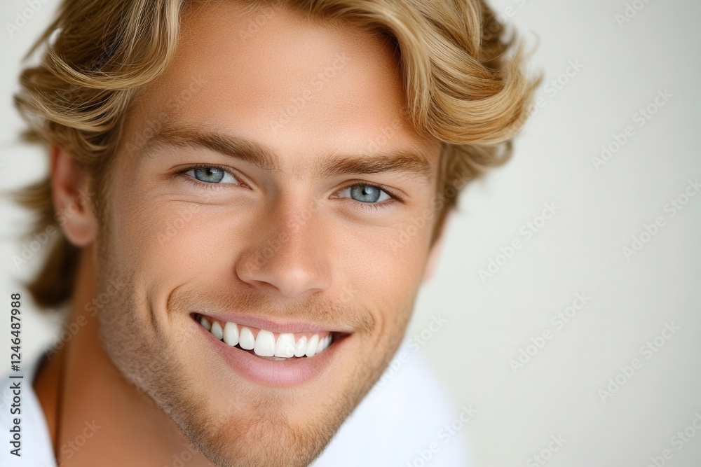 professional male portrait with perfect smile, strong nordic features, styled blonde hair catching soft studio light, clean white background, commercial dental aesthetic professional male portrait with perfect smile, strong nordic features, styled blonde hair catching soft studio light, clean white background, commercial dental aesthetic