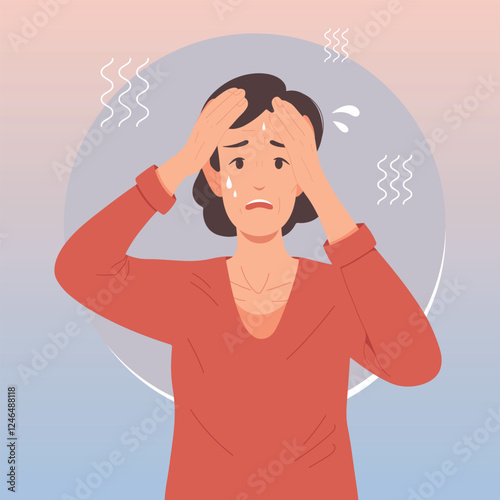 Adult woman suffering from menopause. The woman is sweating from the heat and holding her head. Headache, stress and negative emotions. Vector illustration.