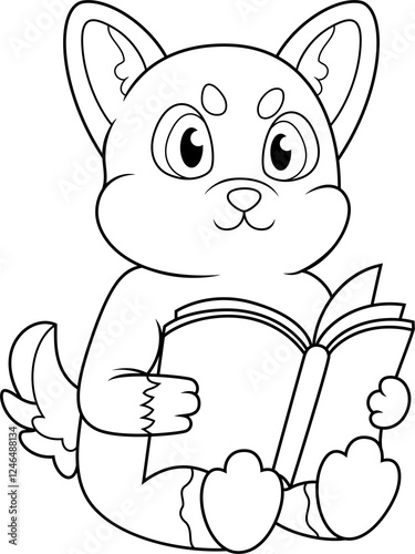 Cartoon shiba inu reading a book line art