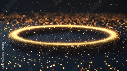 Golden glowing circle frame with illuminated particles on black background, sparkling glitter ring