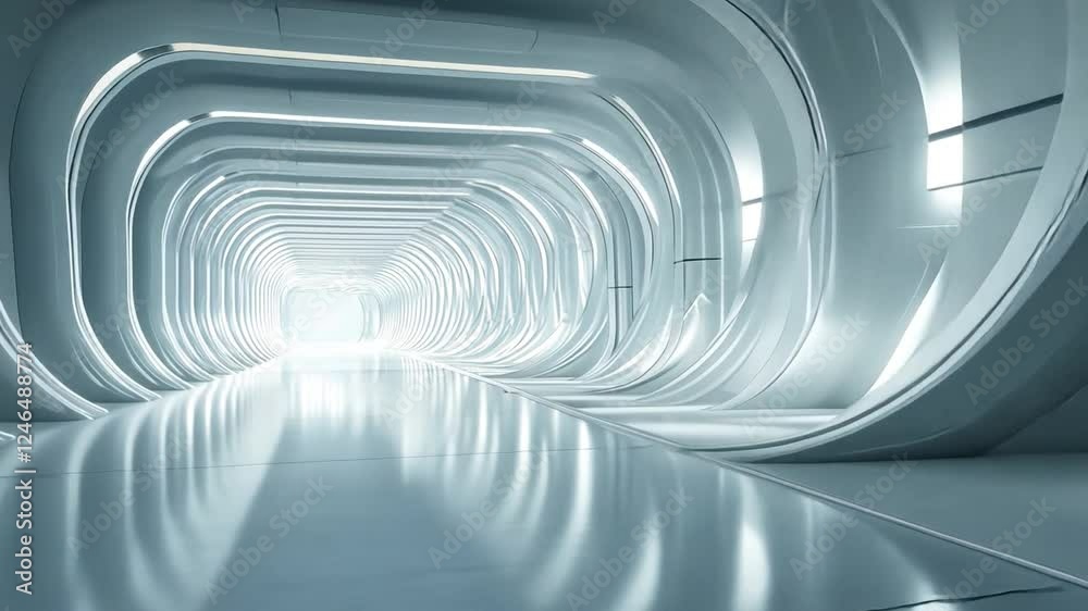 Futuristic Corridor: A sleek, modern corridor with a glowing, bright light at the end. The reflective floor adds depth to the futuristic design, creating a sense of mystery and possibility. 