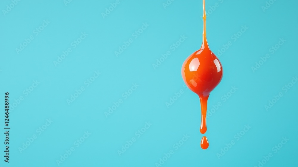 A close-up view of a drop of sauce dripping from a fresh tomato. A close-up view of a drop of sauce dripping from a fresh tomato.