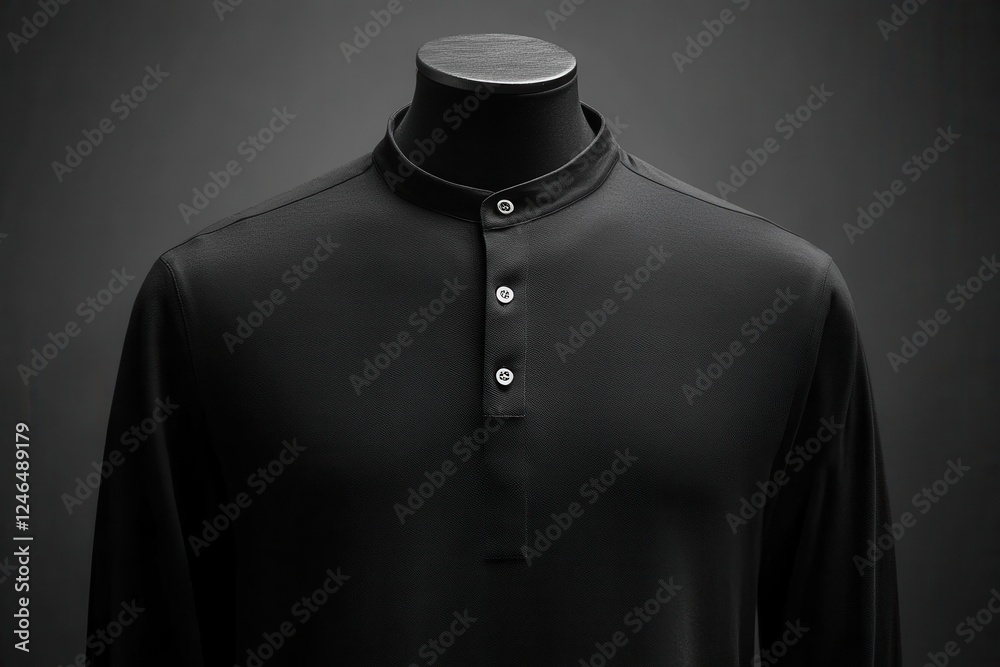 professional studio photography of blank black henley shirt on invisible mannequin, showing precise fit and fabric details professional studio photography of blank black henley shirt on invisible mannequin, showing precise fit and fabric details
