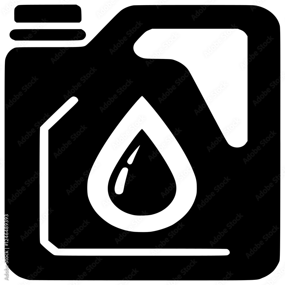 Oil Can Icon: A simple yet bold black and white illustration of an oil can, featuring a prominent oil drop symbol, ideal for automotive, industrial, or mechanical contexts.  