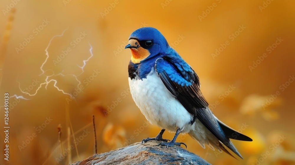 Obraz premium Vibrant swallow perched on a rock amidst a golden autumn landscape with dramatic lighting