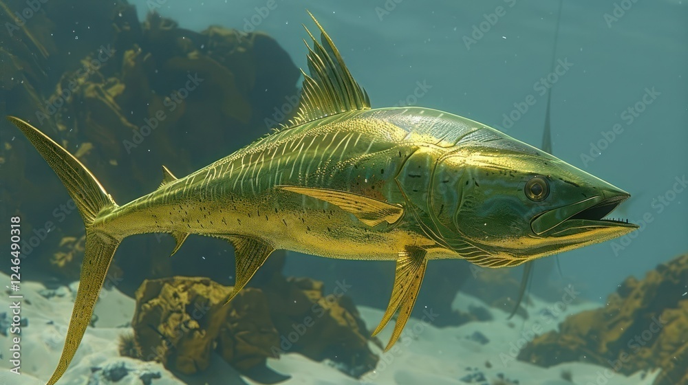 Fototapeta premium A vibrant underwater scene showcasing a golden fish swimming gracefully among rocks