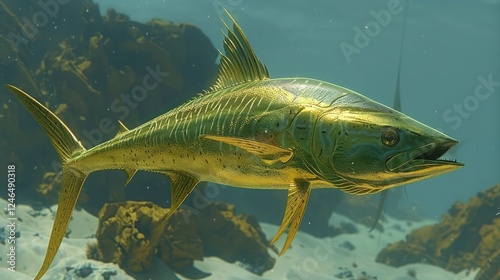 A vibrant underwater scene showcasing a golden fish swimming gracefully among rocks photo