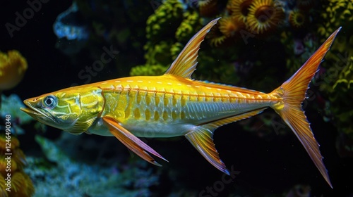 Vibrant yellow fish swimming gracefully among colorful coral reef in clear ocean waters photo