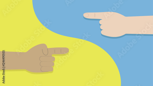 Two illustrated hands of different skin tones pointing at each other against a split blue and yellow background, symbolizing confrontation or blame.
