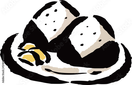 皿に乗ったおにぎりと沢庵　筆タッチ手描きイラスト