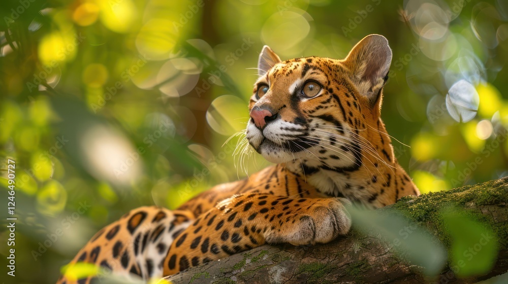 Fototapeta premium Majestic jaguar resting on a branch amidst vibrant green foliage in a lush jungle setting