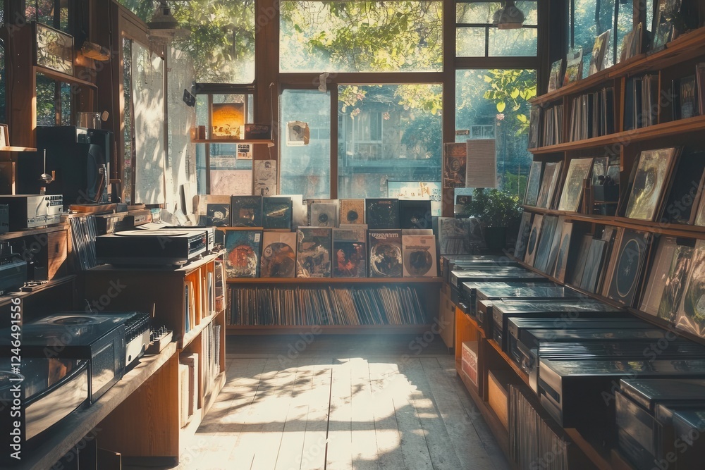 retro vinyl shop interior, warm amber lighting, wooden shelves lined with vintage albums, analog equipment, dust motes dancing in sunbeams, nostalgic atmosphere