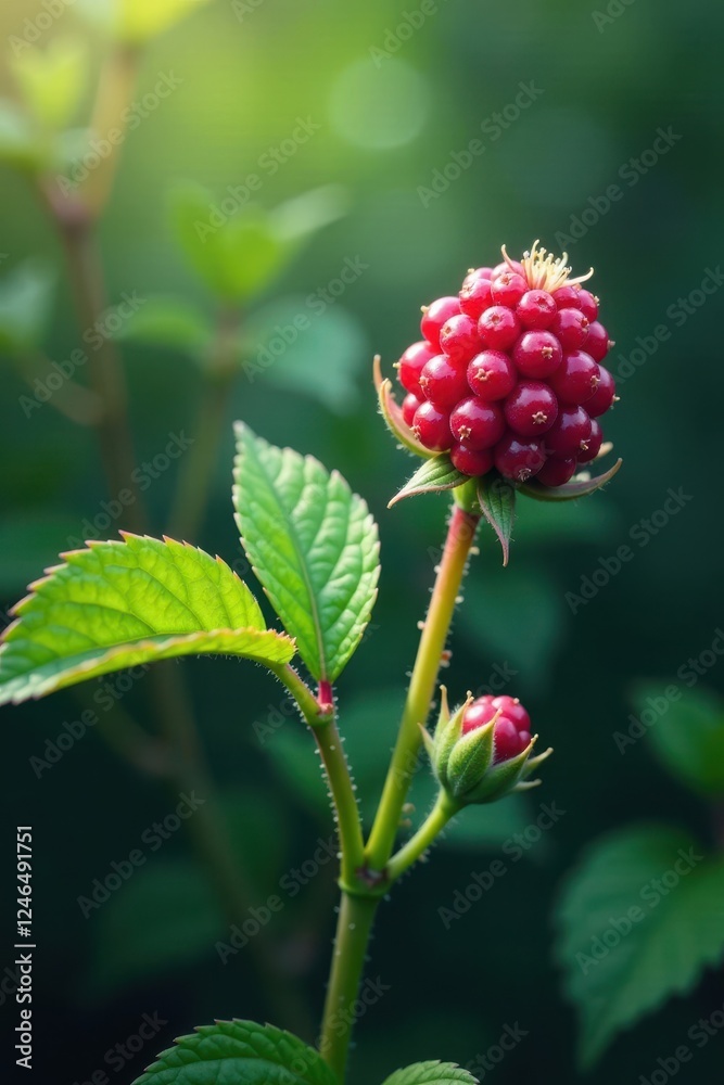 Thimbleberry bushes with a single blooming flower, branches, flowers Thimbleberry bushes with a single blooming flower, branches, flowers