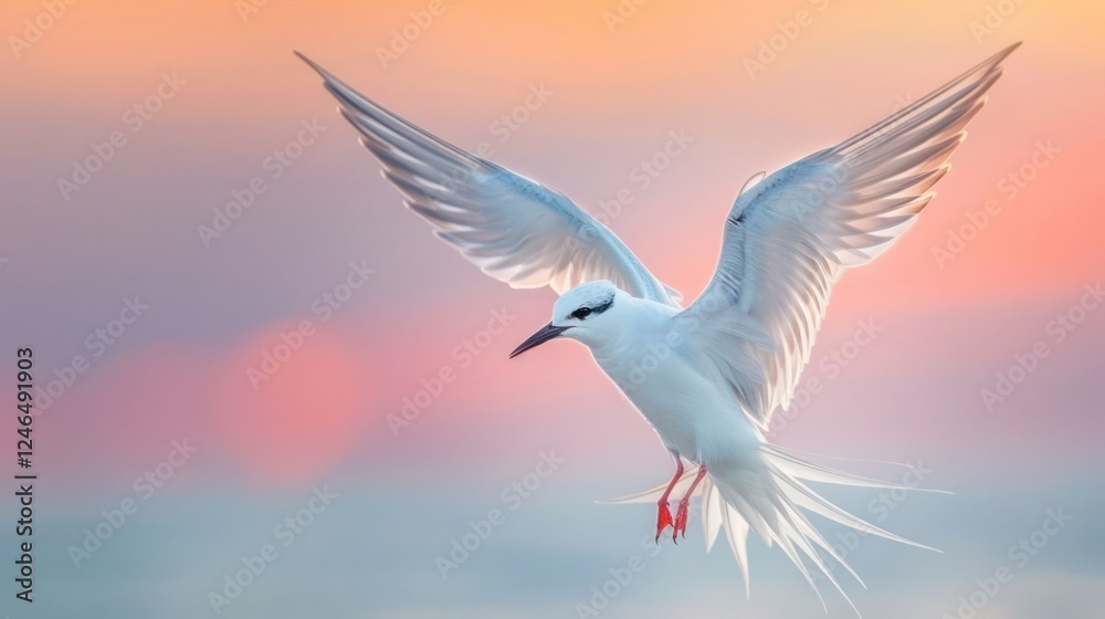 Fototapeta premium A graceful white bird soaring against a colorful sunset over a serene ocean backdrop