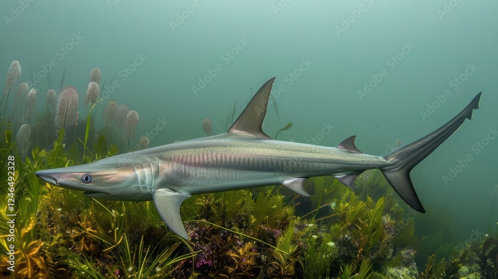 Fototapeta premium A graceful shark swimming through lush underwater vegetation in a serene ocean environment