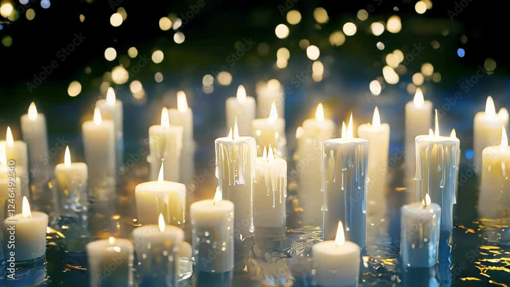 Burning candles. Flickering candlelight in dark ambience with soft bokeh and subtle movement. Slow motion video