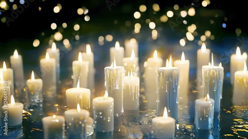 Burning candles. Flickering candlelight in dark ambience with soft bokeh and subtle movement. Slow motion video
