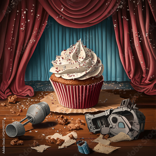 Ultra HD illustration of a half-eaten cupcake with theater props scattered around