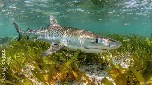 A graceful shark swimming through vibrant underwater seagrass in a tropical setting photo