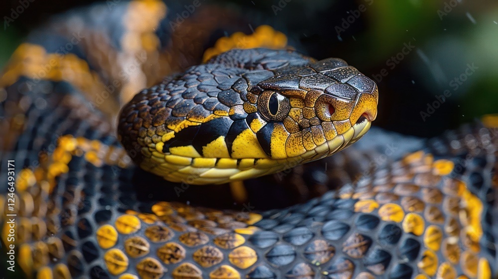 Close-up of a vibrant, coiled snake showcasing intricate scales in a lush, natural habitat Close-up of a vibrant, coiled snake showcasing intricate scales in a lush, natural habitat