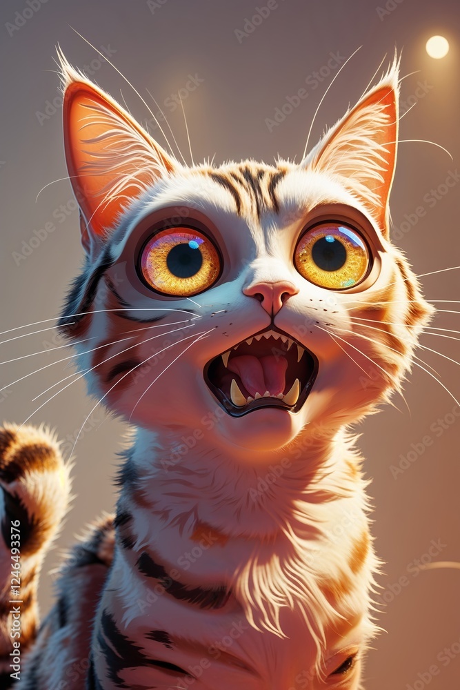 Obraz premium Cartoon Cat Wide Eyes Open Mouth Surprised Rendered Character Funny Bright Pet