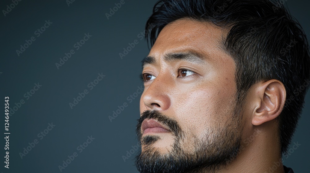 Pensive man, profile view, dark background, thoughtful expression, portrait