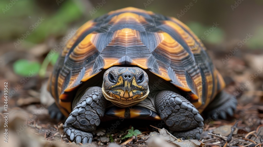 Close-up of a vibrant tortoise resting on the forest floor surrounded by greenery and leaves Close-up of a vibrant tortoise resting on the forest floor surrounded by greenery and leaves