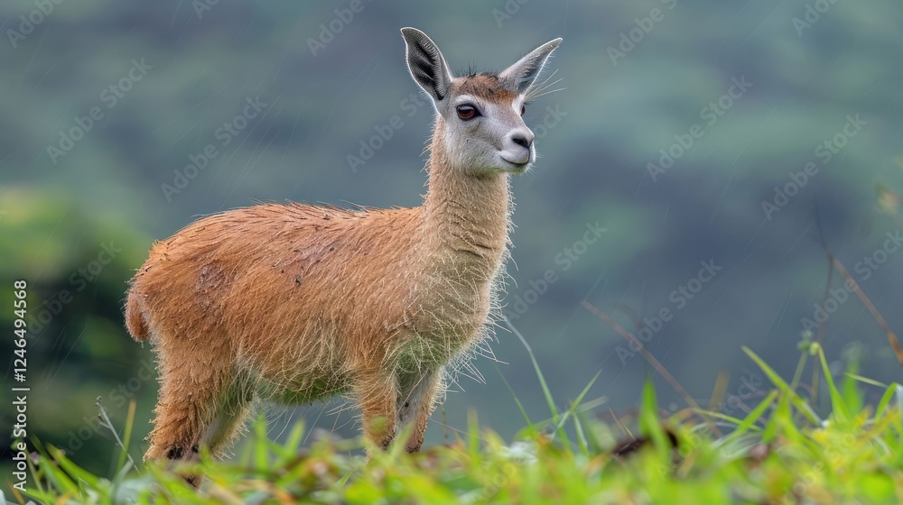 Young animal standing in a lush green landscape with blurred background and soft rain Young animal standing in a lush green landscape with blurred background and soft rain