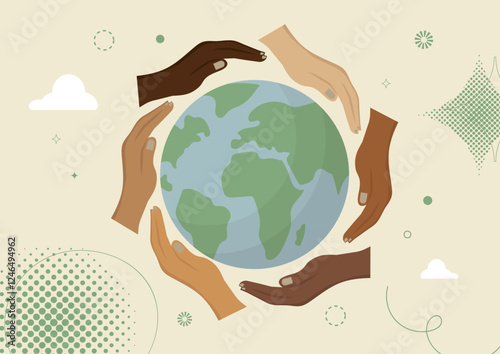 Global Unity. Diverse Hands Embracing Earth Together. Global cooperation, diversity, and collective environmental support. Charity and humanitarian aid. Earth day concept. Vector illustration