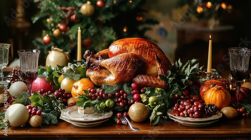 Table set for holiday dinner featuring roasted turkey and festive decorations with meals photo