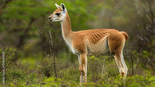 A graceful guanaco stands in a lush green landscape, showcasing its natural habitat and surroundings